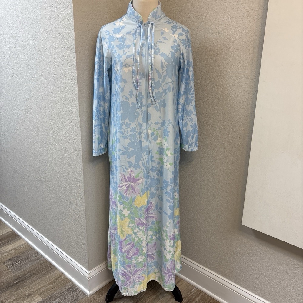 Vintage Miss Elaine Marc Mod Blue Floral Caftan Maxi Dress Muumuu Lounge Boho